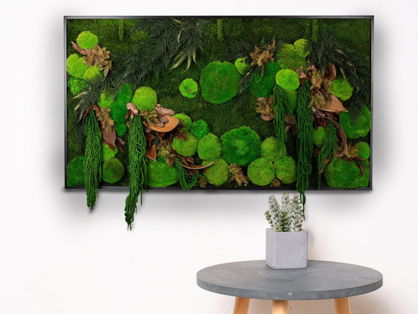 Handgefertigte Pflanzenkunst aus wildem Dschungel | Mooskunst | Kunst aus Eiche und Pflanzen | Einzigartiges Deko-Element | Originelle LED-Wandkunst