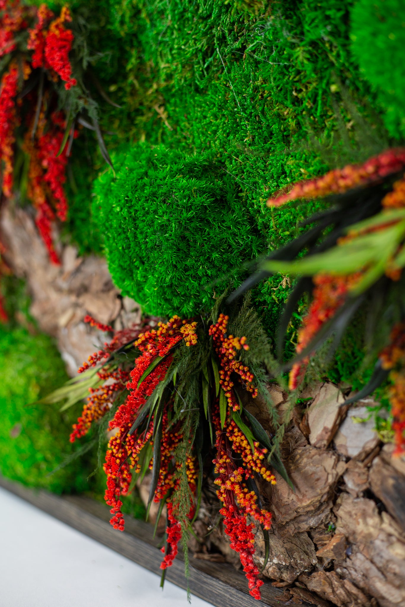 Handgefertigte Pflanzenkunst mit roten Blüten | Mooskunst | Kunst aus Eiche und Pflanzen | Einzigartiges Deko-Element | Originelle LED-Wandkunst
