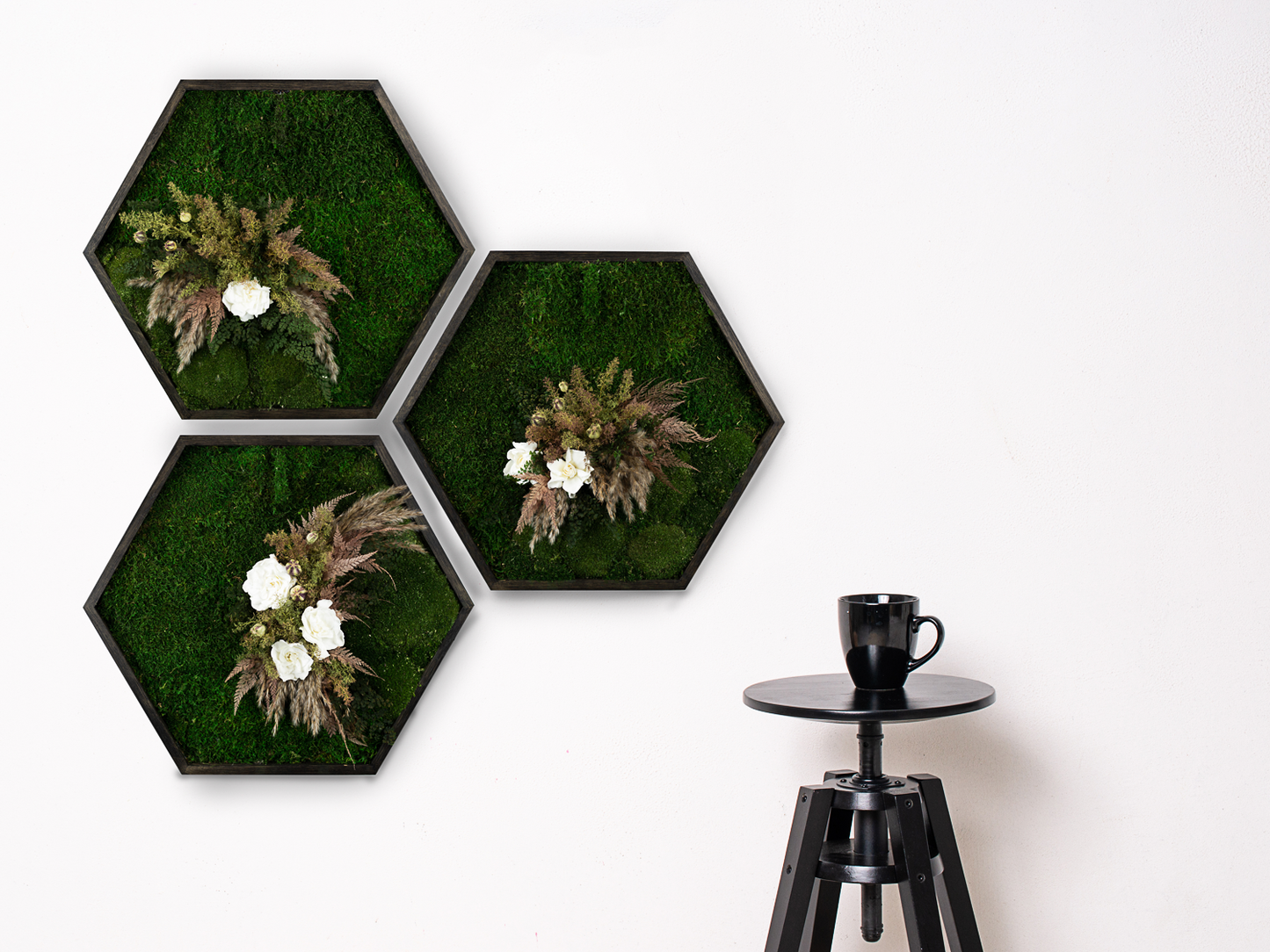 Handgefertigtes Pflanzenkunst-Set | Dreiteiliges Mooskunst-Set | Natürliche Eiche und Pflanzenkunst | Einzigartiges Wohnaccessoire | Originelle LED-Wandkunst