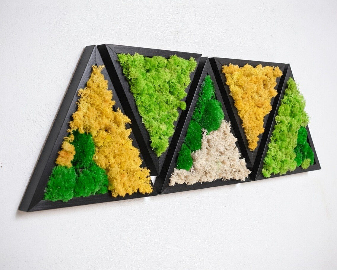 3D-Wanddekoration aus konserviertem Moos: Naturholz, grüne und gelbe Kunst – das perfekte Weihnachtsgeschenk!