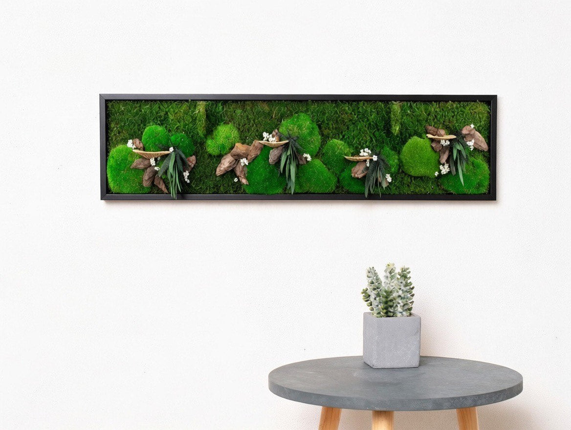 Wunderschöne grüne Wanddekoration aus konserviertem Moos mit LED-Beleuchtung und lebendem Moos für Büro oder Zuhause (1-teiliger Rahmen)
