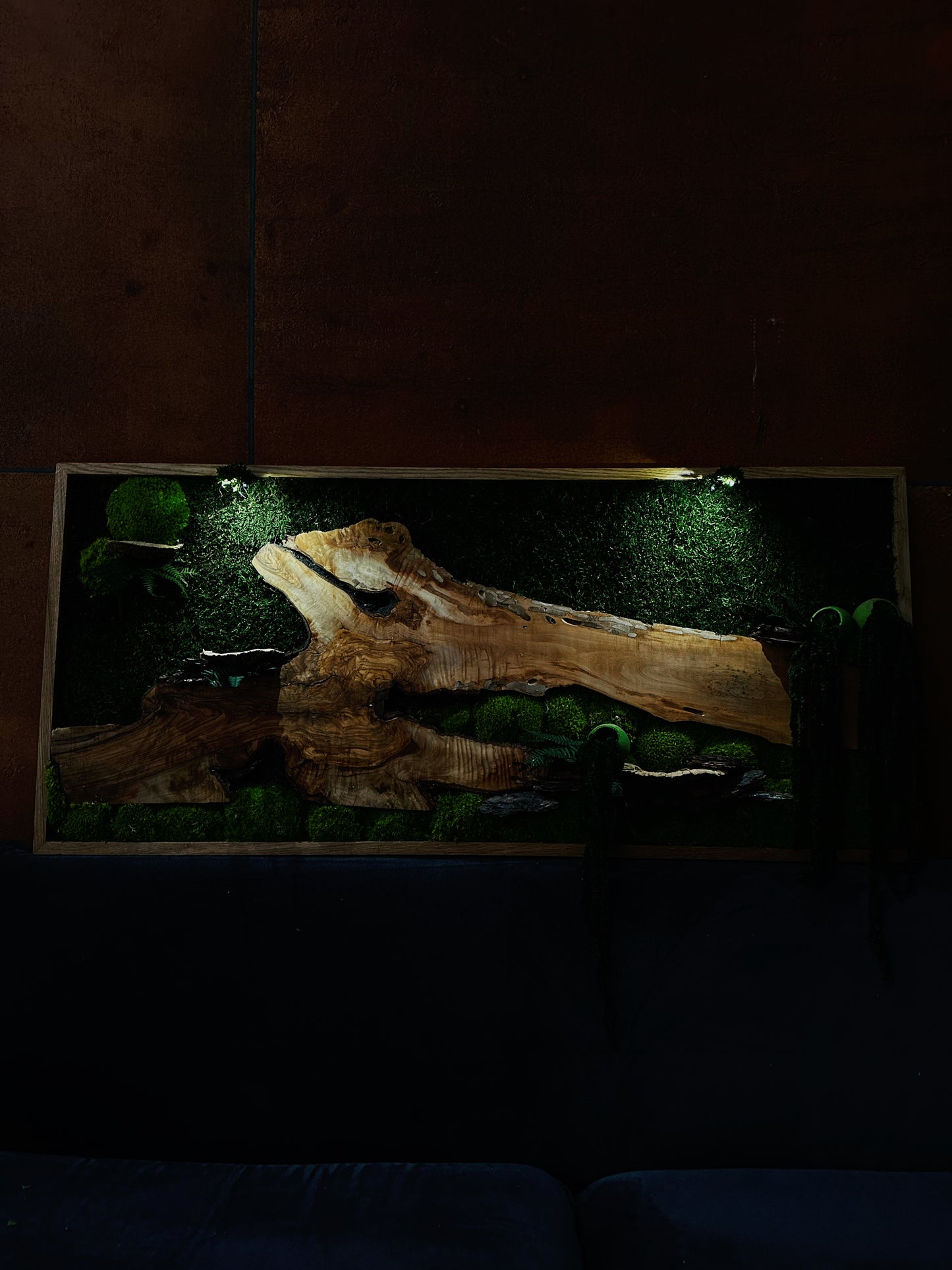 Handgefertigte Pflanzenkunst aus Holz | Mooskunst | Wandkunst aus Eiche und Pflanzen | Einzigartiges Deko-Element | Originelle LED-Wandkunst