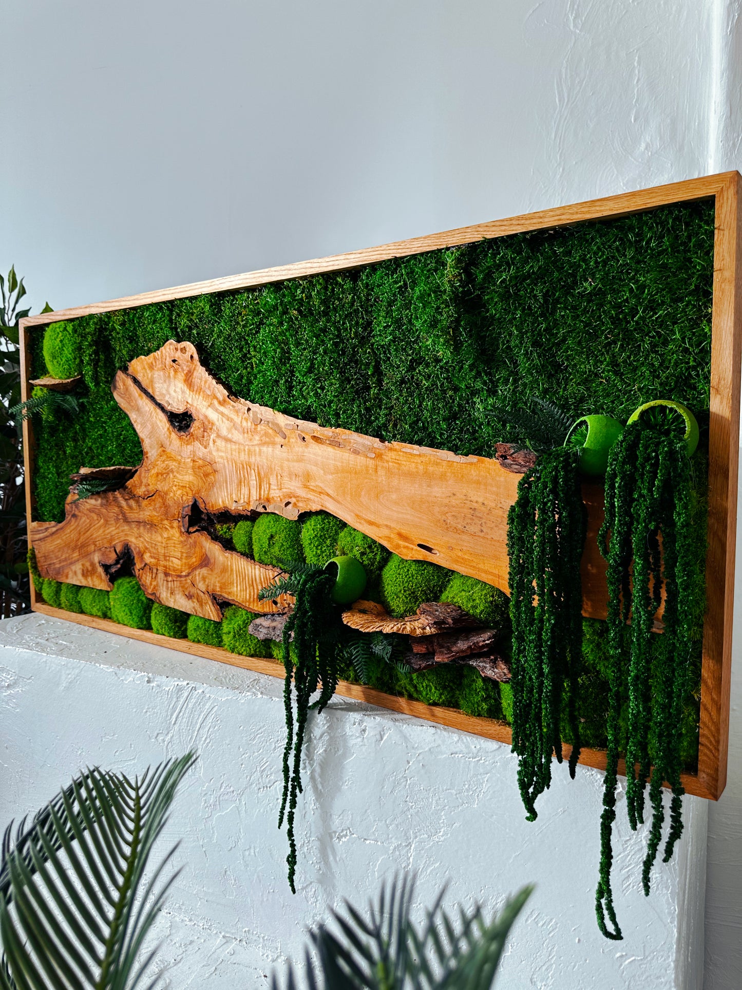 Handgefertigte Pflanzenkunst aus Holz | Mooskunst | Wandkunst aus Eiche und Pflanzen | Einzigartiges Deko-Element | Originelle LED-Wandkunst