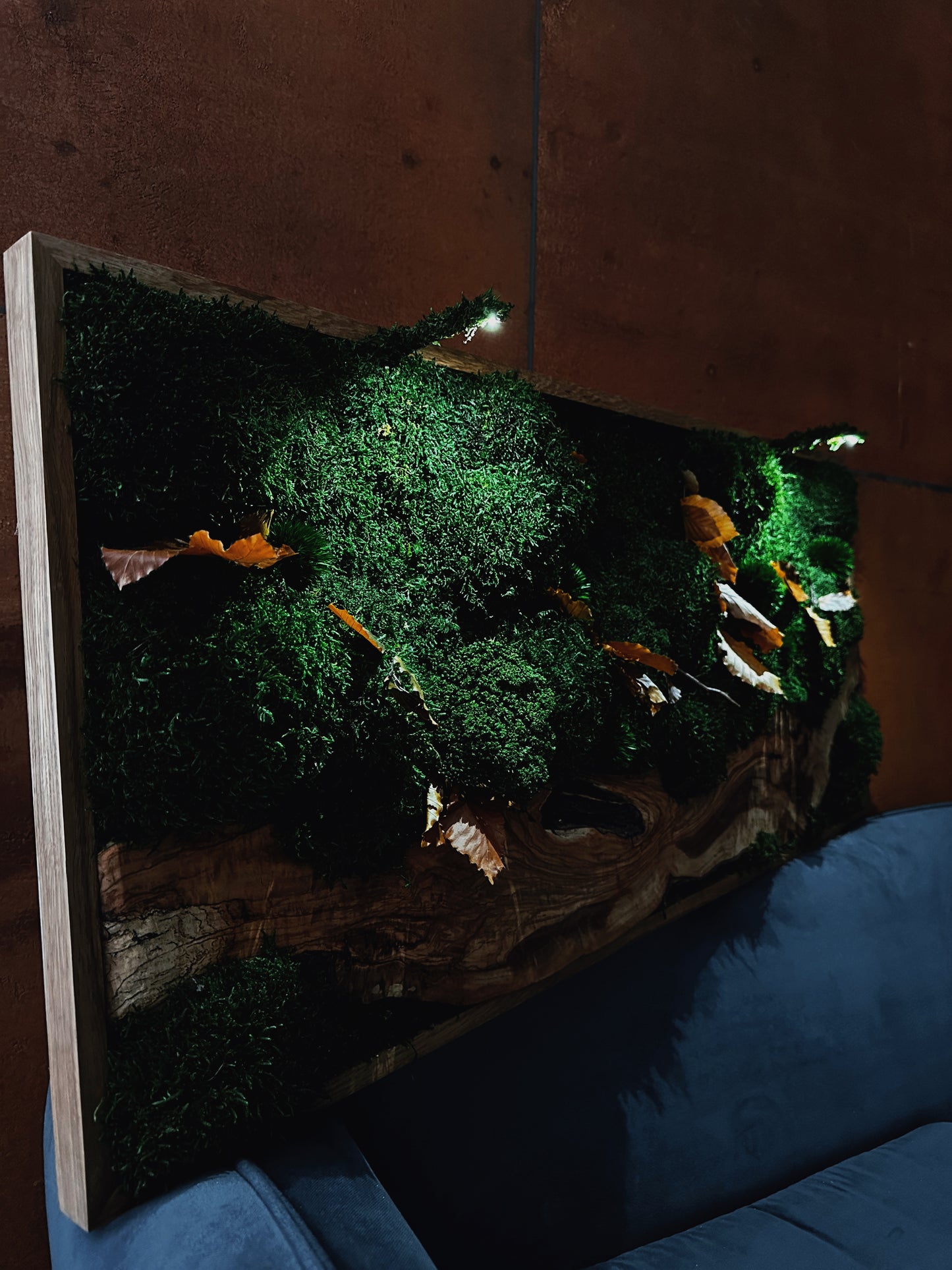 Handgefertigte Pflanzenkunst aus Holz | Mooskunst | Wandkunst aus Eiche und Pflanzen | Einzigartiges Deko-Element | Originelle LED-Wandkunst