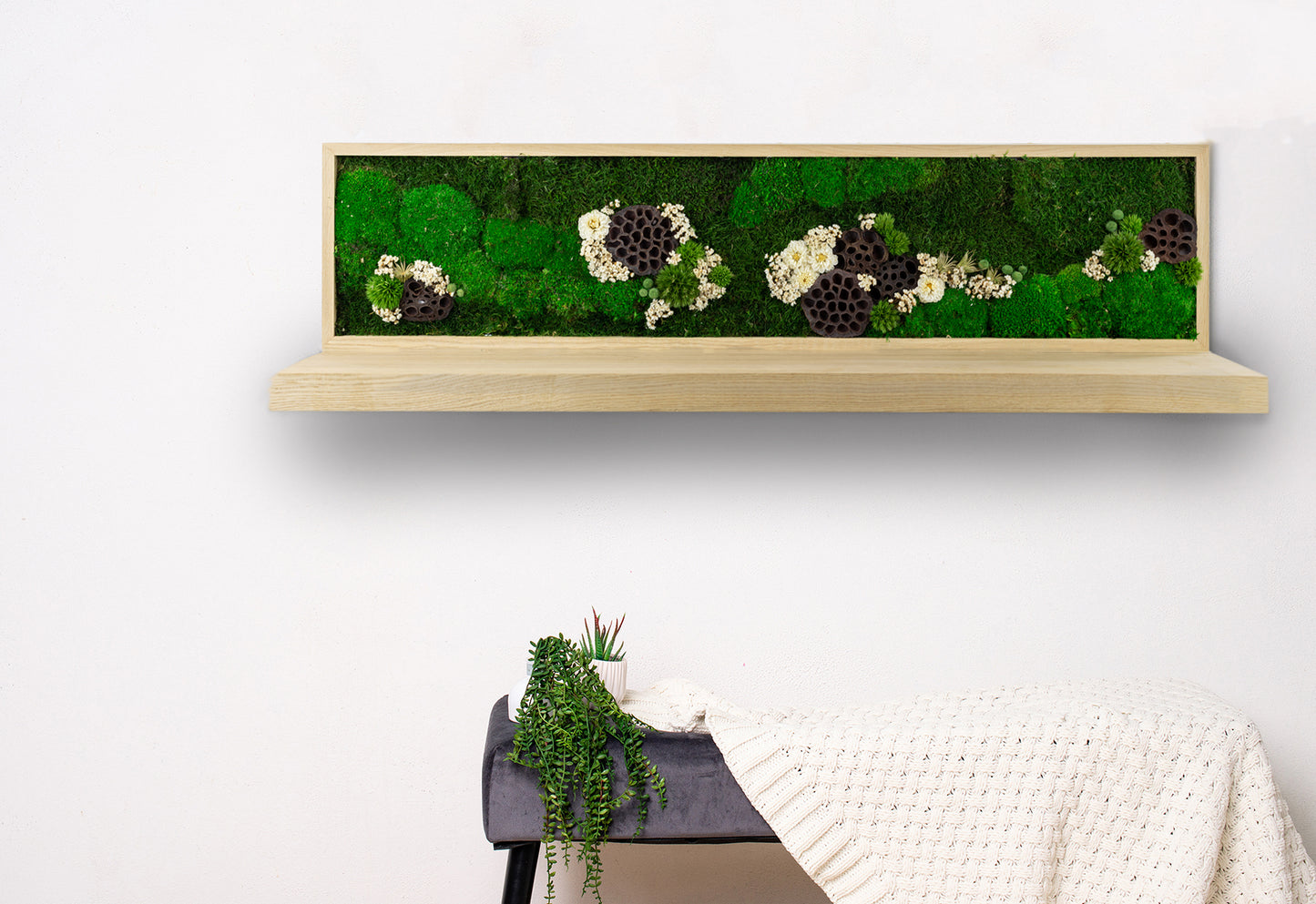 Handgefertigte Pflanzenkunstwerke für den Garten | Mooskunstwerke | Wandkunst aus Eiche und Pflanzen | Einzigartiges Wohnaccessoire | Originelle LED-Wandkunst