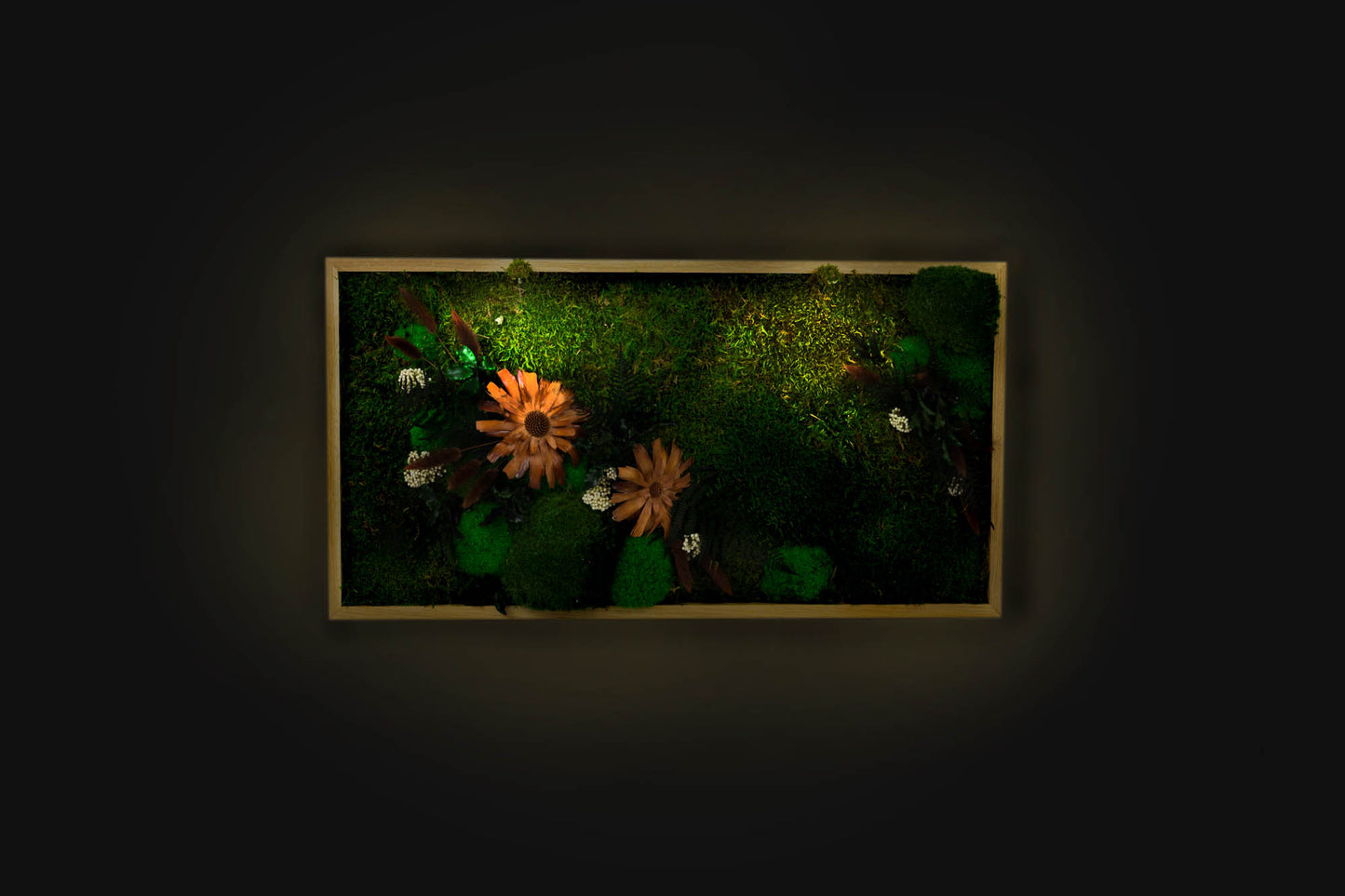 Hochwertige Wanddekoration aus konserviertem Moos mit LED-Beleuchtung, gerahmtes Moos-Wandbild, grüne Wanddekoration für Zimmer, Einzugsgeschenk